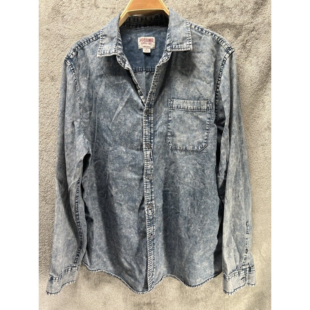 Vtg Mossimo Shirt Women’s Large Blue Chambray Acid Wash Denim Button Up Blouse